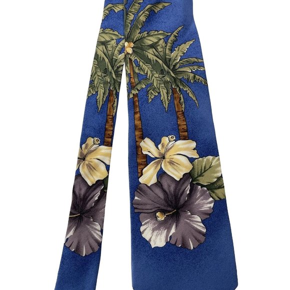 Duck Head Men's Silk Blue Tie With Palm Trees & Hibiscus Flowers Necktie - Picture 3 of 6